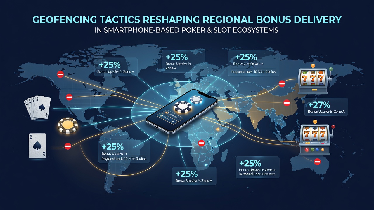Geofencing map interface showing virtual boundaries around city regions with poker and slot bonus icons